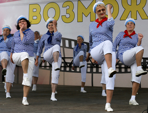 Participants compete during sports, fitness and dancing festival for people aged over 55, in Krasnoyarsk