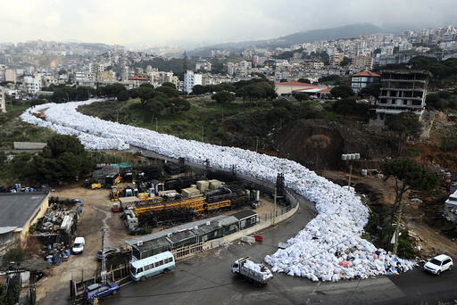 A general view shows packed garbage bags in Jdeideh, Beirut