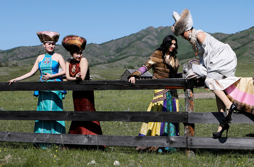 Models take part in rehearsal for Tun-Pairam traditional holiday celebration at museum preserve in Khakassia republic