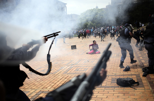A student is seen during clashes with South African police at Johannesburg's University of the Witwatersrand, South Africa