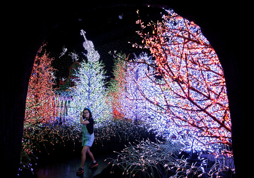 A woman tours a Christmas attraction featuring a display of more than 800,000 light bulbs in Universal Studios Singapore