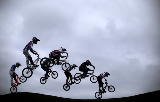 Competitors take part in the International BMX Cycling Challenge at the Rio 2016 Olympic Games BMX cycling track which is part of the X-Park at the Deodoro Sports Complex in Rio de Janeiro