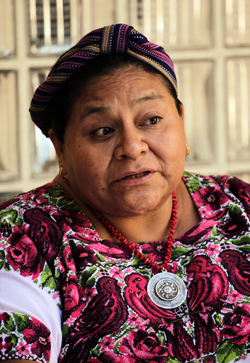 Guatemalan Nobel Peace Prize Laureate Menchu Tum speaks during a news conference at her foundation in Guatemala City