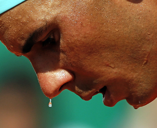 A drop of sweat falls from the face of Nadal of Spain's during his quarter-final match against his compatriot Ferrer at the Monte Carlo Masters in Monaco