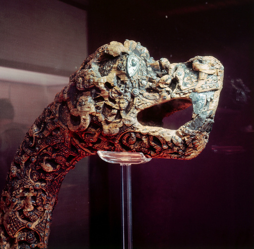 - Carved dragon-head post from the ship burial at Oseberg. Country of Origin: Norway. Culture: Viking. Date/Period: c. 850 AD. -