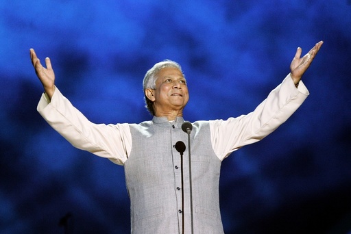 Yunus of Bangladesh gestures on stage during Nobel Peace Prize concert in Oslo