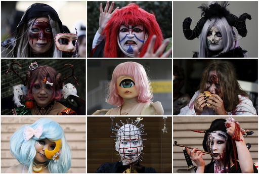 A combination picture shows participants in costume at a Halloween parade in Kawasaki