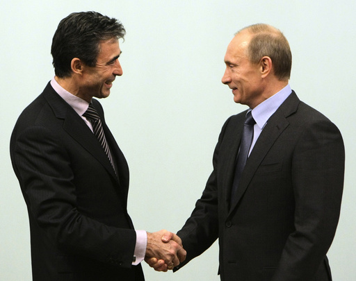 NATO Secretary-General Anders Fogh Rasmussen and Russian Prime Minister Vladimir Putin meet in Moscow