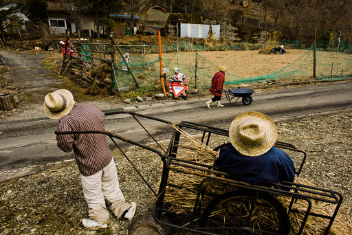 A woman pushes a wheelbarrow past scarecrows in the mountain village of Nagoro