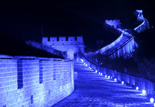 The Great Wall of China is lit up in blue to mark the 70th anniversary of the United Nations, in Beijing