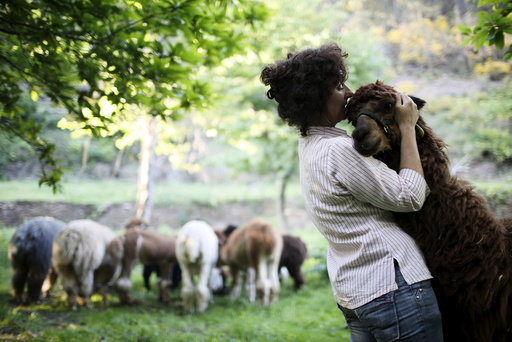 Lisa Vella-Gatt, 46, hugs an alpaca in her farm near Benfeita, Portugal