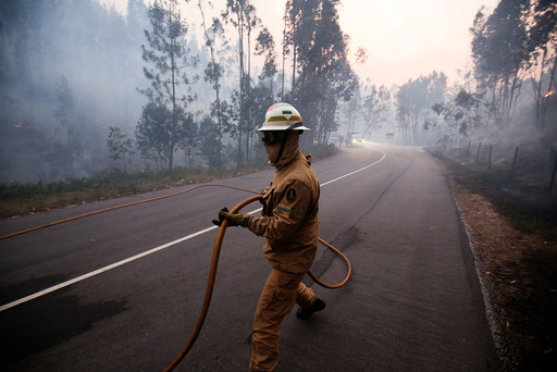 A firefighter works to put out a forest fire near the village of Fato, central Portugal