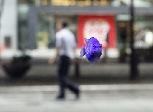A tropical fish swims in a fish tank as a passer-by walks at a business district in Tokyo
