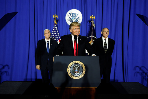 U.S. President Trump takes the stage to deliver remarks at Homeland Security headquarters in Washington