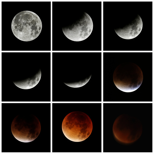 A combination of images shows the progression of a lunar eclipse coinciding with a so-called 