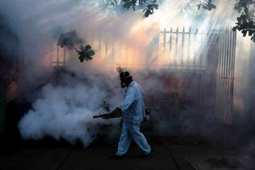 A health ministry worker fumigates a house to kill mosquitoes during a campaign against dengue and chikungunya and to prevent the entry of Zika virus in Managua, Nicaragua