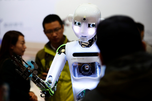 FILE PHOTO: People look at a humanoid robot at the Tami Intelligence Technology stall at the WRC 2016 World Robot Conference in Beijing
