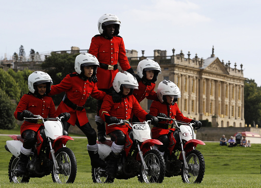 The Imps Motorcycle Display Team rehearse for the country fair at Chatsworth House near Bakewell in Britain