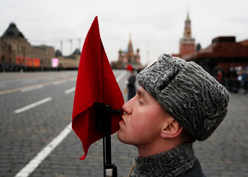 Russian soldier seen at anniversary of 1941 parade when Soviet soldiers marched towards front lines of World War Two, at Red Square in Moscow