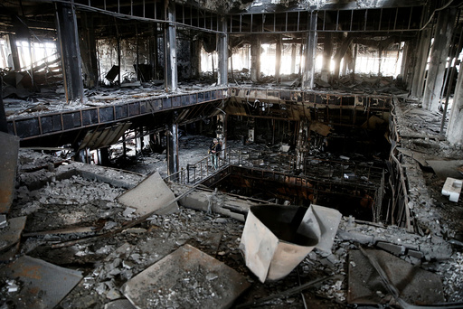 General view of the library of the University of Mosul burned and destroyed during the battle with Islamic State militants