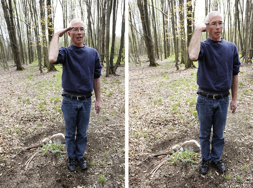 A combination photograph shows Matt Ecker demonstrating how his son, Army veteran Michael Ecker, shot himself in the head after saluting in the woods behind their Champion