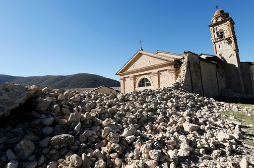 Saint Anthony church is seen partially collapsed following an earthquake along the road to Norcia