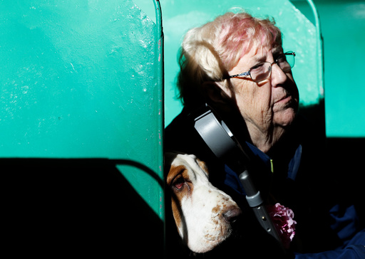 A woman sits with her Basset Hound during the first day of the Crufts Dog Show in Birmingham