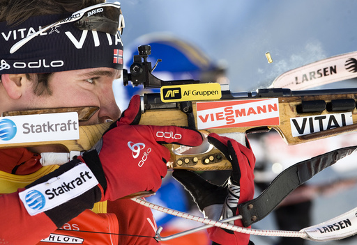 Norway's Svendsen shoots during the men's the men's 12.5 kilometres pursuit race at the Biathlon World Cup in Anterselva