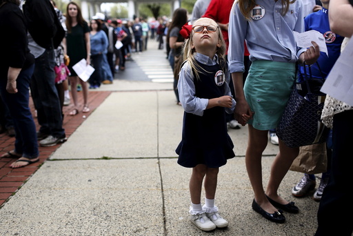 Ella Langdon, 6, waits in line before a campaign rally for Republican U.S. presidential candidate Donald Trump at The Klein Memorial Auditorium in Bridgeport, Connecticut, U.S.