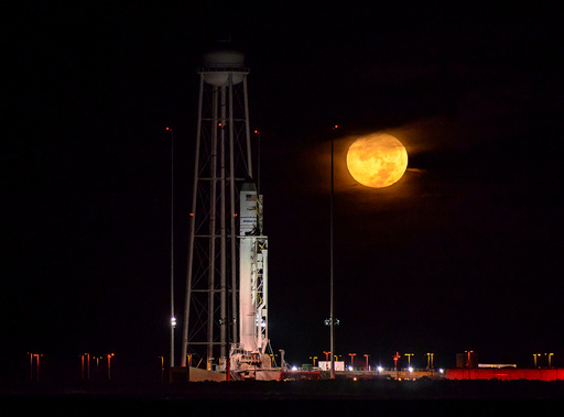 The Orbital ATK Antares rocket, with the Cygnus spacecraft onboard, is seen on launch Pad-0A, at NASA's Wallops Flight Facility in Virginia