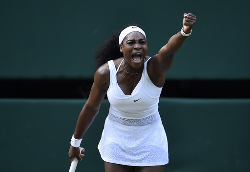 Serena Williams of the U.S.A. reacts during her match against Victoria Azarenka of Belarus at the Wimbledon Tennis Championships in London