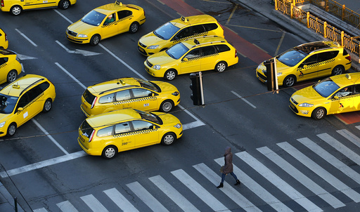 Taxis block a main road in Budapest's city centre