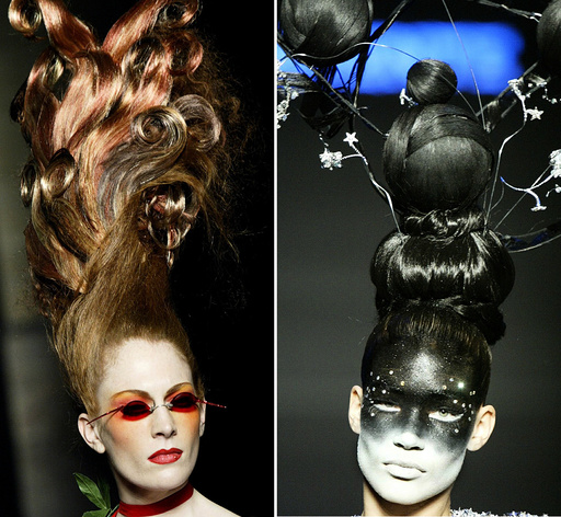 MODELS PRESENT SOPHISTICATED HAIRSTYLES AND MAKEUP DURING SHOW BY FRENCH DESIGNER JULIEN FOURNIE FOR TORRENTE HAUTE COUTURE FASHION SHOW IN PARIS