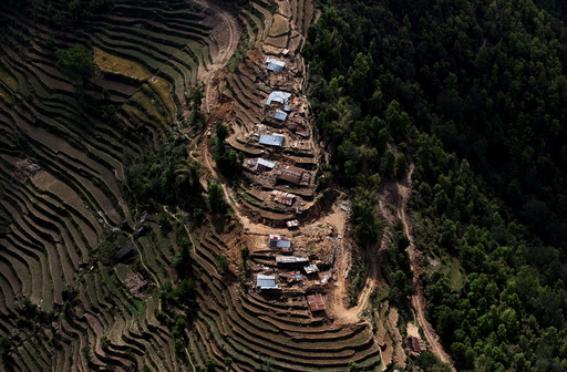 An aerial view of houses damaged by Saturday's earthquake is seen in Nuwakot