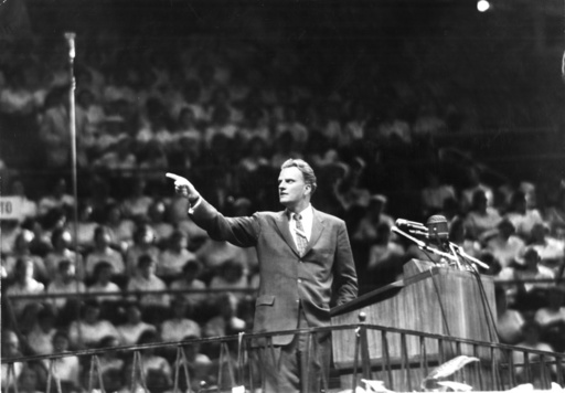 The Rev. Billy Graham speaks at Madison Square Garden in New York on May 15, 1957.