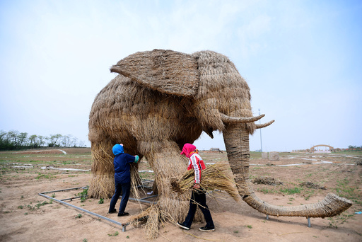 Farmers build a straw sculpture in the shape of an elephant in Hunnan district of Shenyang