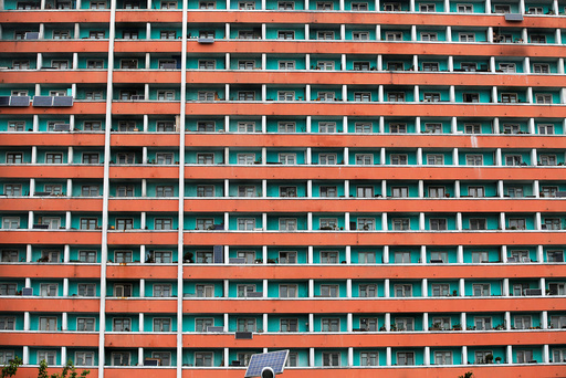 Solar panels are seen installed on a residential building in central Pyongyang