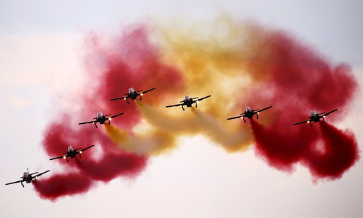 Spanish Patrulla Aguila (C-101), aerobatic demonstration team of the Spanish Air Force performs during the Radom Air Show at an airport in Radom