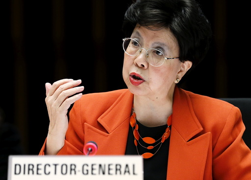 WHO Director-General Chan addresses the delegates during the WHO Executive Board meeting in Geneva