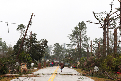 Residents survey damage after a tornado struck a residential area on Sunday in Albany