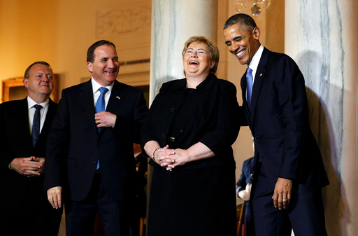 U.S. President Obama laughs with Nordic leaders at the White House in Washington