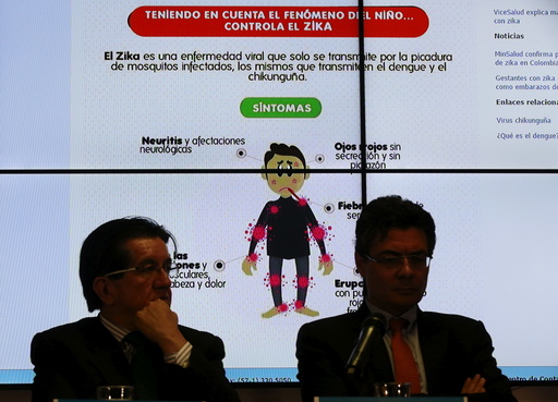 Graph of the symptoms of the Zika virus is seen behind of Colombia's Health Minister Gaviria during a news conference on the Zika virus in Bogota, Colombia