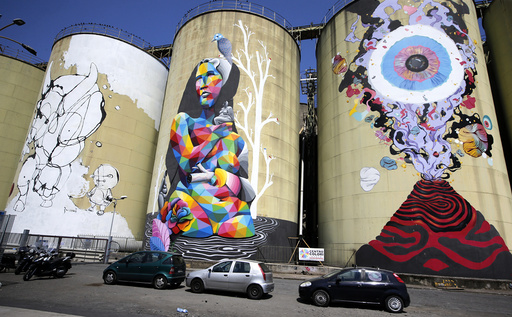 Colourful painted silos called 'Street Art silos' which are part of an art festival are pictured at the harbour of Catania