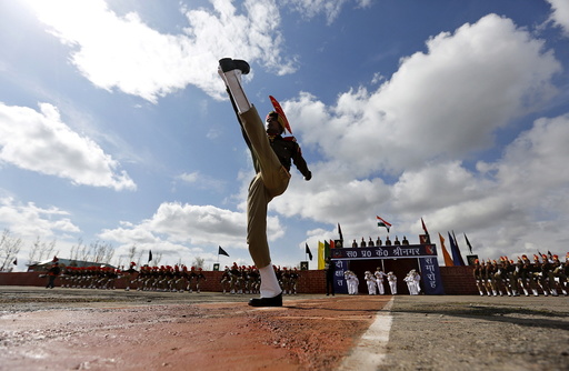 An Indian Border Security Force personnel marches during a passing-out parade in Humhama
