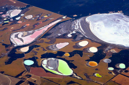 Salt pans and dams can be seen in farming areas located in the southern region of Western Australian, near the city of Perth, Australia