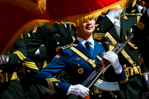 Honour guards march during a welcoming ceremony attended by Chinese Premier Li Keqiang and Canadian Prime Minister Justin Trudeau (not pictured) at the Great Hall of the People in Beijing