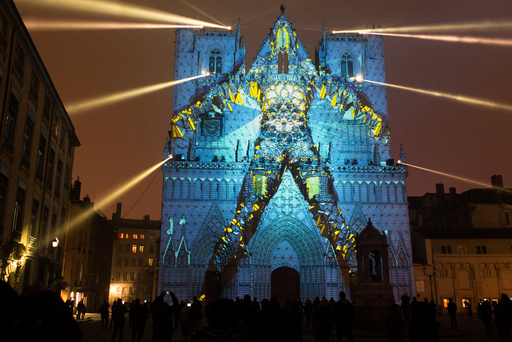 View of Evolutions installation by artist Yann Nguema at the Saint-Jean Cathedral during the rehearsal for the Festival of Lights in Central Lyon