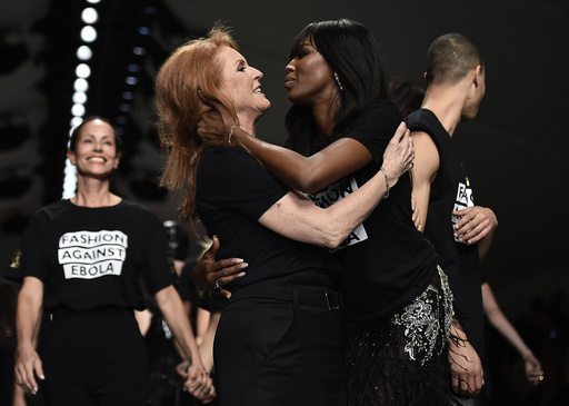 Sarah, Duchess of York, and Campbell embrace during the Fashion for Relief charity catwalk show ahead of London Fashion Week in London