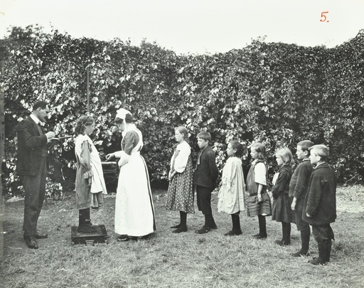 Children being weighed in the garden, Montpelier House Open Air School, London, 1908. Artist: Unknown.