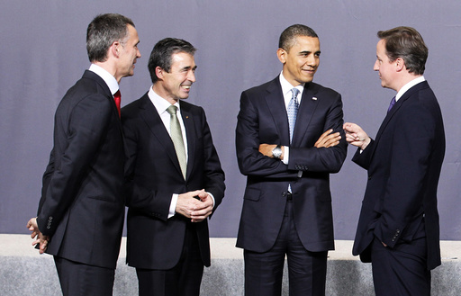Norway's Prime Minister Stoltenberg, NATO Secretary General Rasmussen, U.S. President Barack and Britain's Prime Minister Cameron talk during the NATO summit in Lisbon